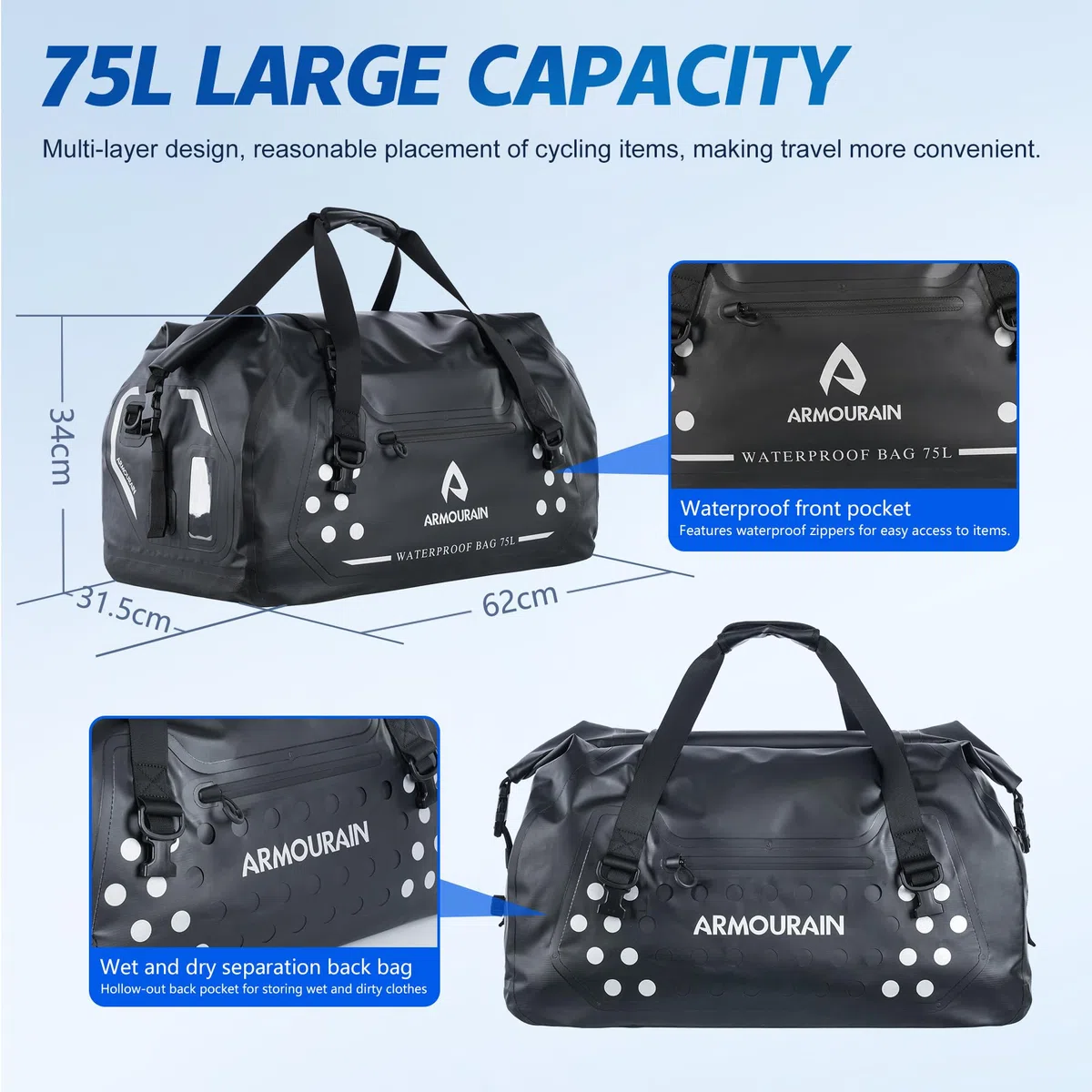 Bolsa Seca para Motocicleta 75L Bolsa de Lona Impermeable Grande Plegable para Asiento de Maletero para Viajes, Paseos en Bote, Motocicleta, Kayak (Negro)