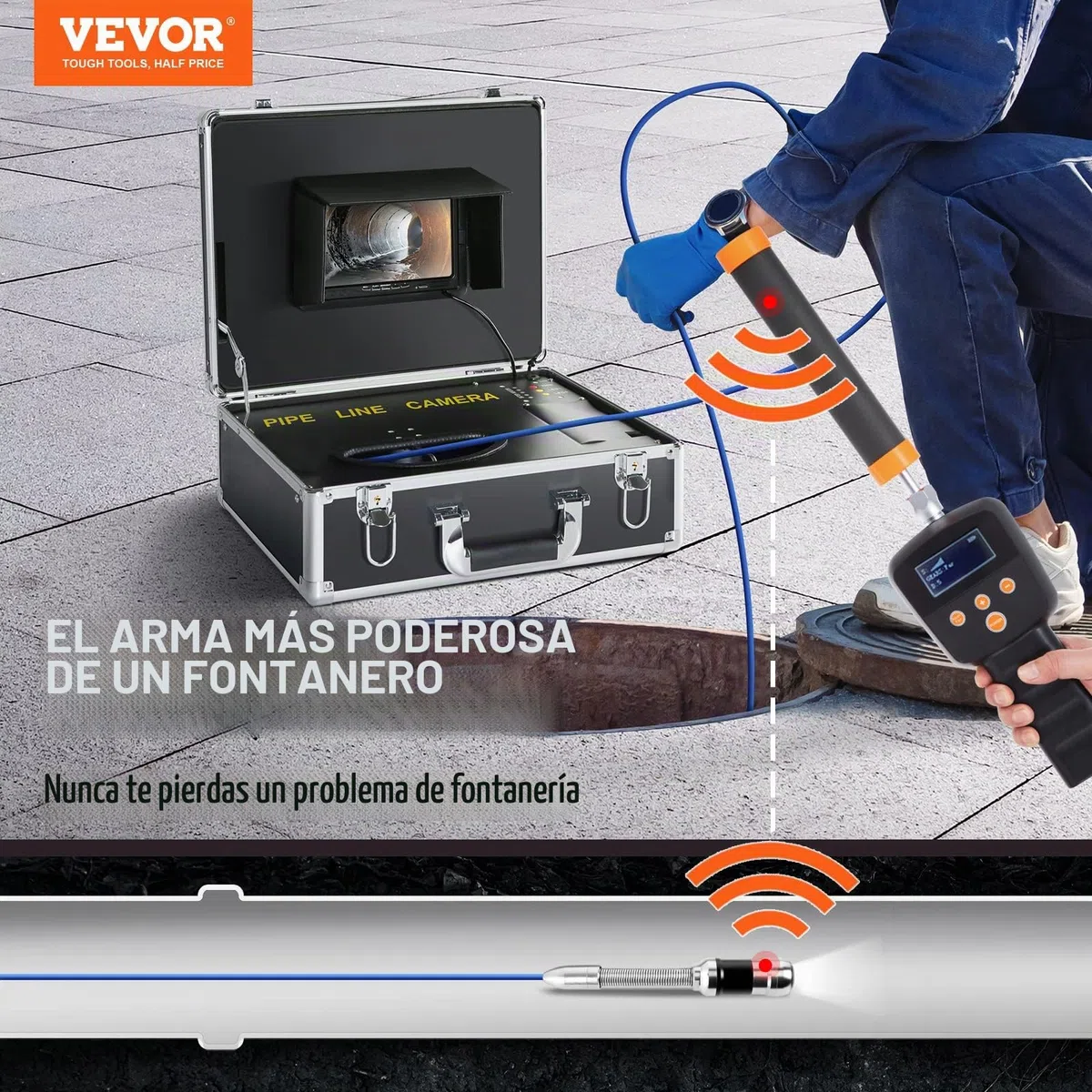 VEVOR Cámara de Inspección de Drenaje con 512 Hz Localizador Endoscopio Drenaje 30m Pantalla 7" IP68 Impermeable Grabadora DVR 12 LEDs Ajustables 16 GB Tarjeta SD para Tuberías de Alcantarillado Hogar