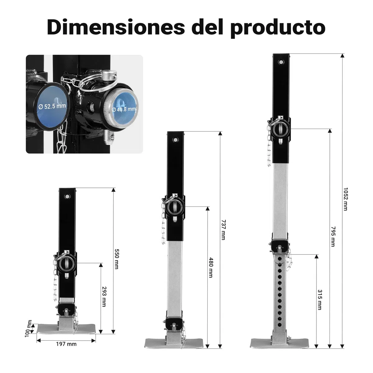 Wiltec Pata de apoyo para remolques y caravanas capacidad 900 kg con manivela lateral altura ajustable y soporte de tubo