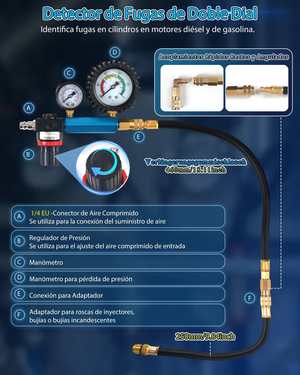 46 Piezas Kit de Comprobador de Compresión Automotriz con Indicador de Doble Dial Comprobador Compresión para Gasolina y Diésel Comprobador de Fugas de Cilindros para HDi, TDCi y Bomba (PD)