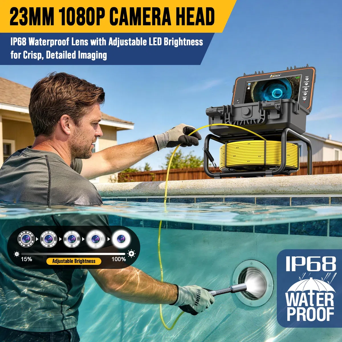 Anysun Cámara de Inspección 1080P, Auto-Nivelante Endoscopio Tuberías IP68 Impermeable con Transmisor 512Hz, Endoscopio HD IPS 9" con DVR, Cable con Marcado de Metros, Batería 5100mAh, Tarjeta 32GB