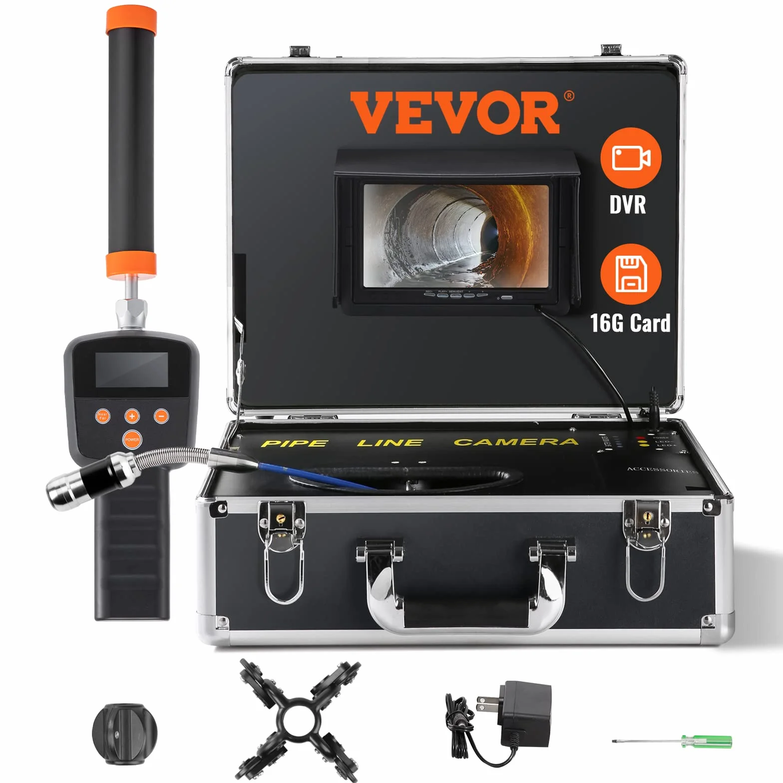 VEVOR Cámara de Inspección de Drenaje con 512 Hz Localizador Endoscopio Drenaje 30m Pantalla 7" IP68 Impermeable Grabadora DVR 12 LEDs Ajustables 16 GB Tarjeta SD para Tuberías de Alcantarillado Hogar