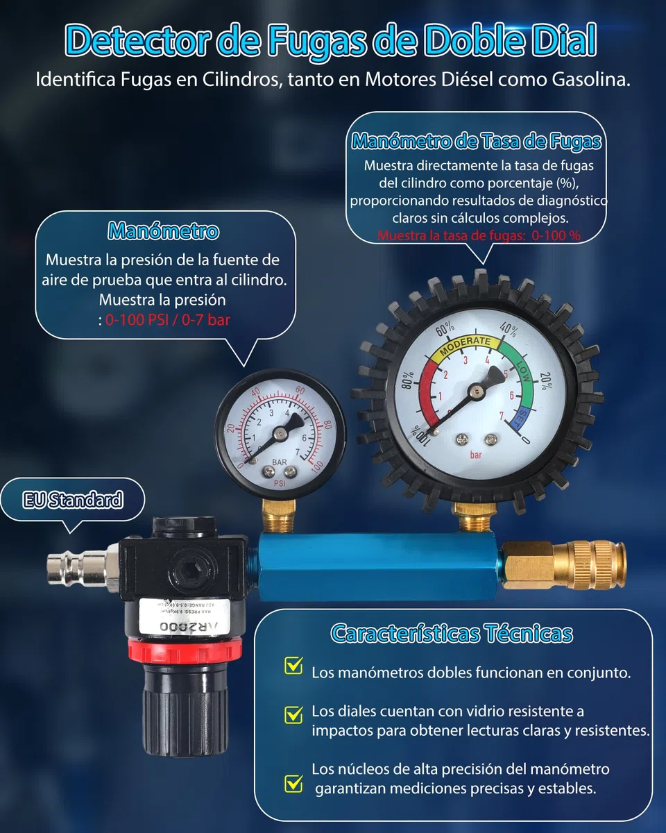 46 Piezas Kit de Comprobador de Compresión Automotriz con Indicador de Doble Dial Comprobador Compresión para Gasolina y Diésel Comprobador de Fugas de Cilindros para HDi, TDCi y Bomba (PD)
