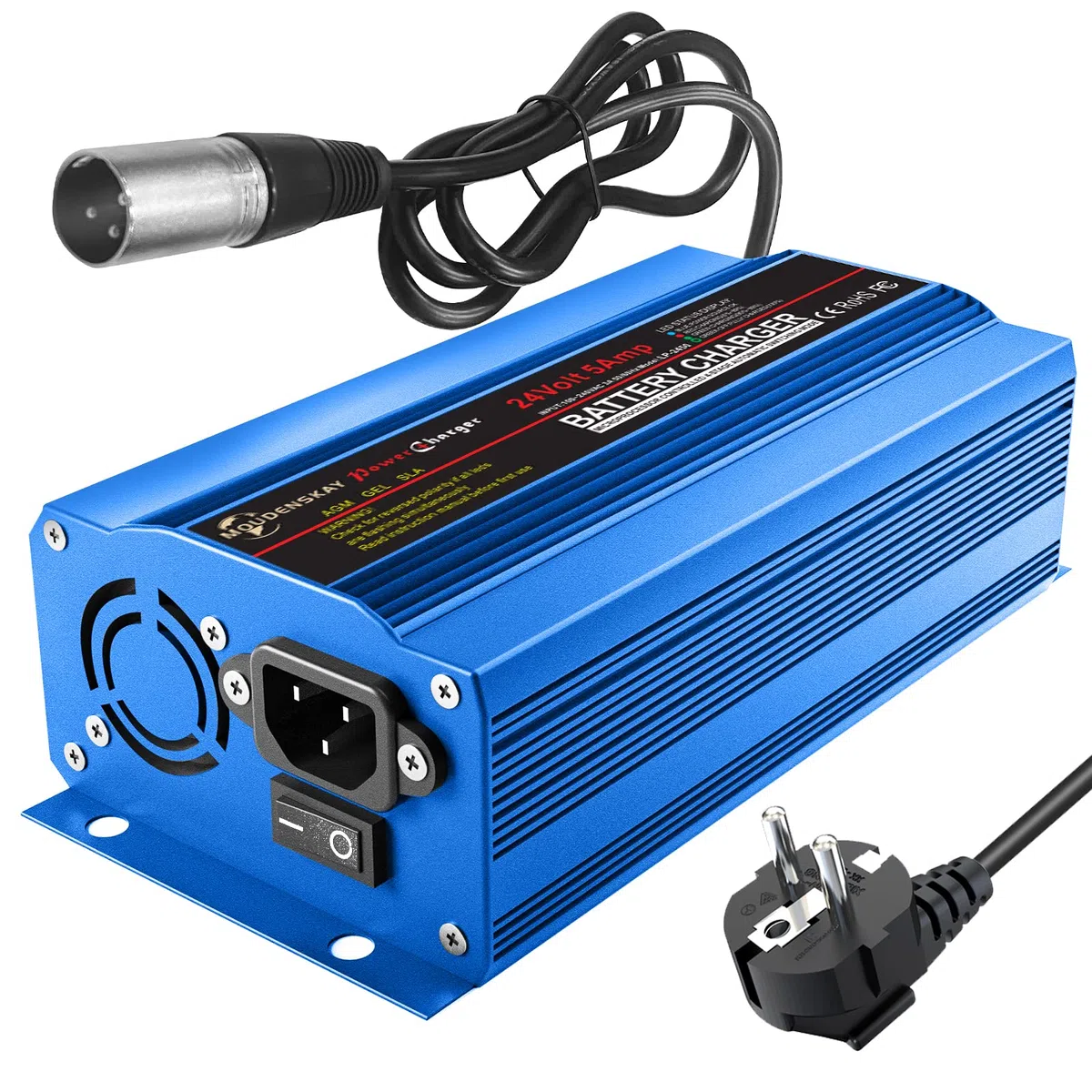 Cargador de coche inteligente de 24 V 5 Amp con conector XLR para scooter, silla de ruedas, automóvil, motocicleta - con interruptor
