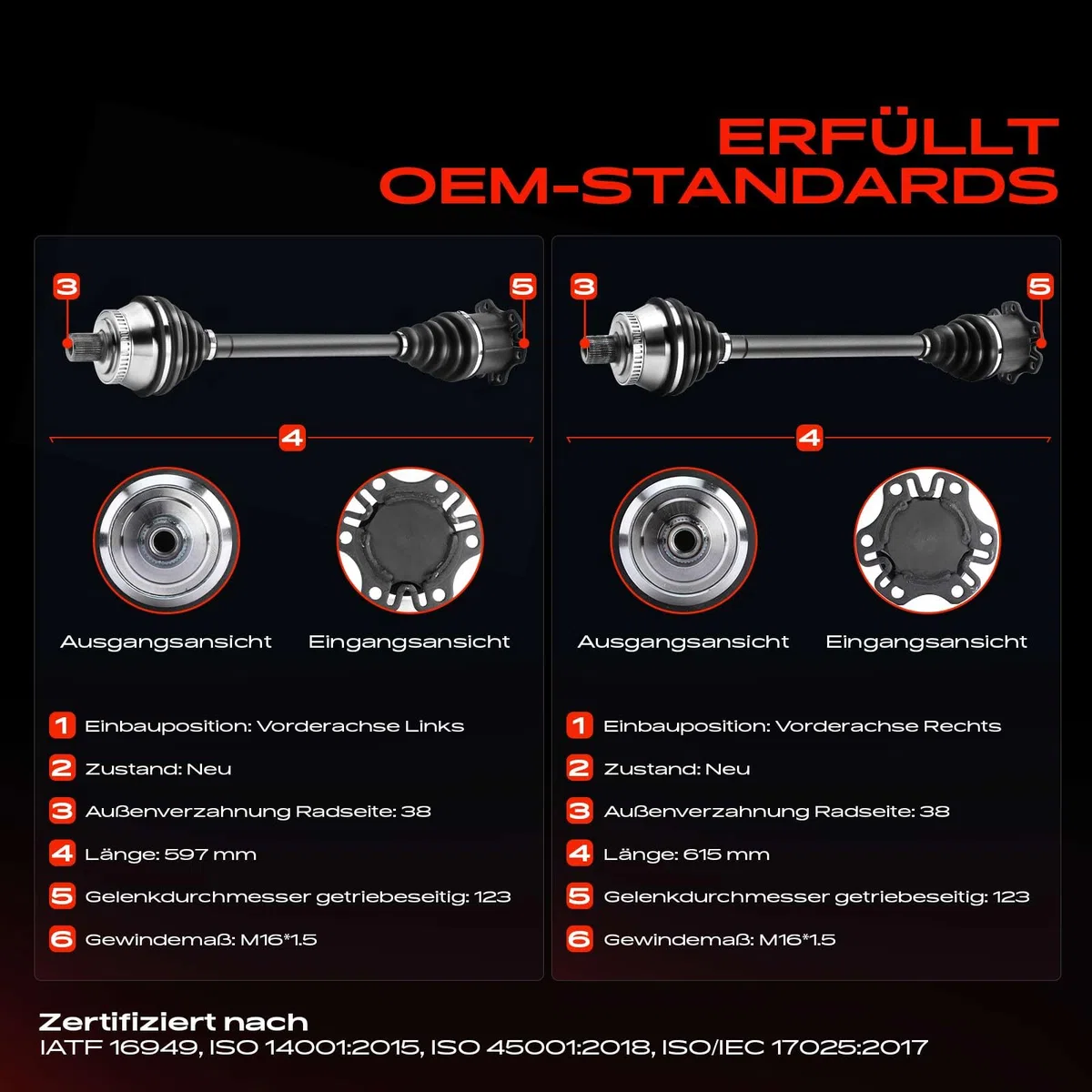 Frankberg 2x Eje motriz Eje de transmisión Caja de cambios manual con ABS Eje delantero Compatible con A4 8E2 8EC A4 Avant 8E5 8ED A4 Cabriolet 8H7 8HE Exeo 3R2 ST 3R5 Replace# 8E0407271AT