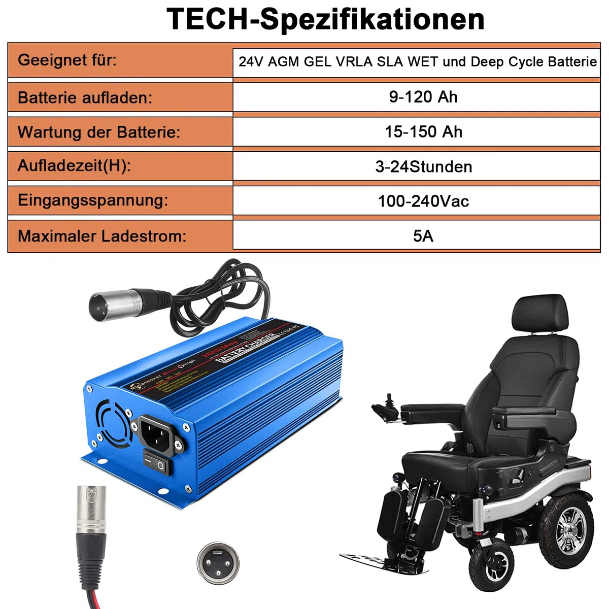 Cargador de coche inteligente de 24 V 5 Amp con conector XLR para scooter, silla de ruedas, automóvil, motocicleta - con interruptor