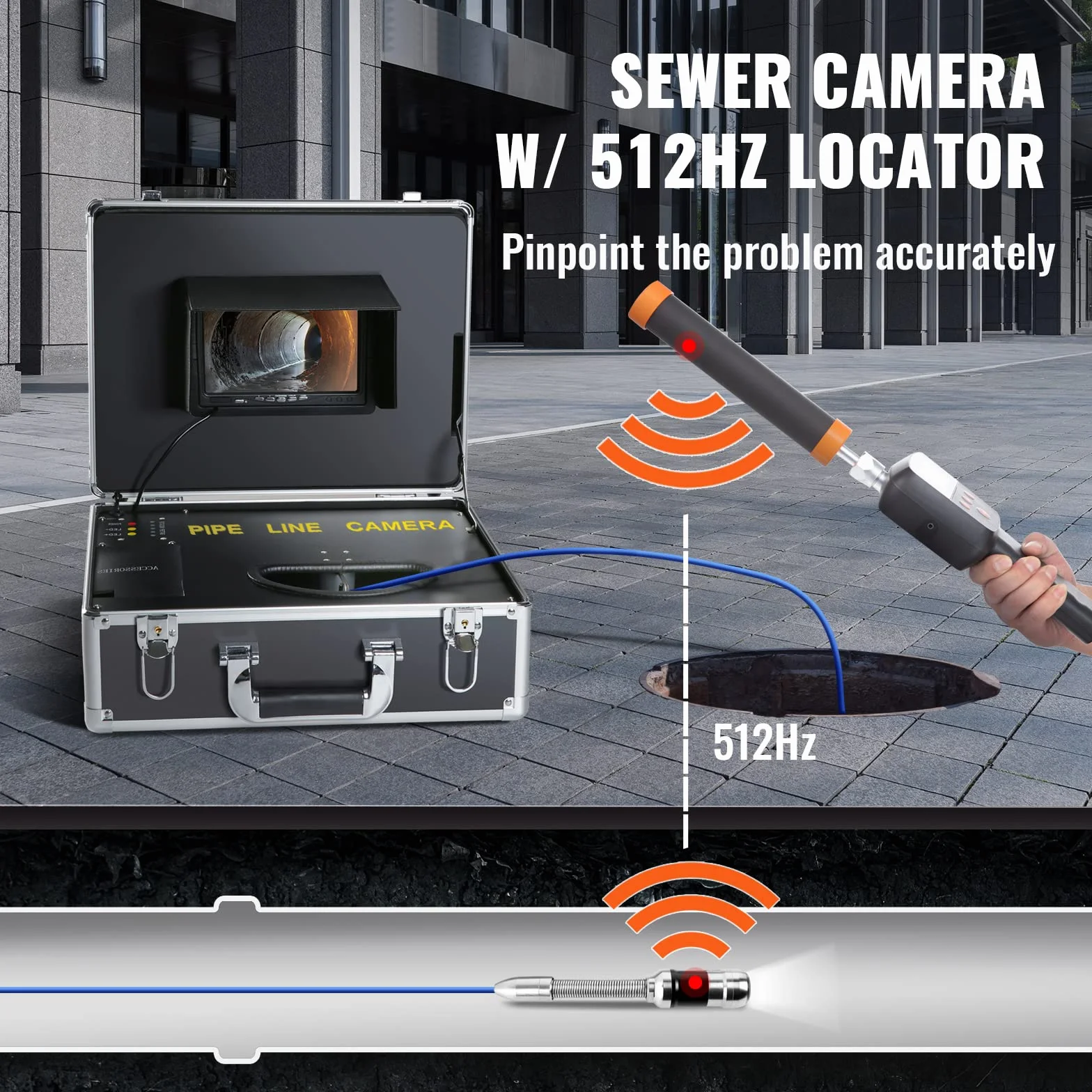 VEVOR Cámara de Inspección de Drenaje con 512 Hz Localizador Endoscopio Drenaje 30m Pantalla 7" IP68 Impermeable Grabadora DVR 12 LEDs Ajustables 16 GB Tarjeta SD para Tuberías de Alcantarillado Hogar