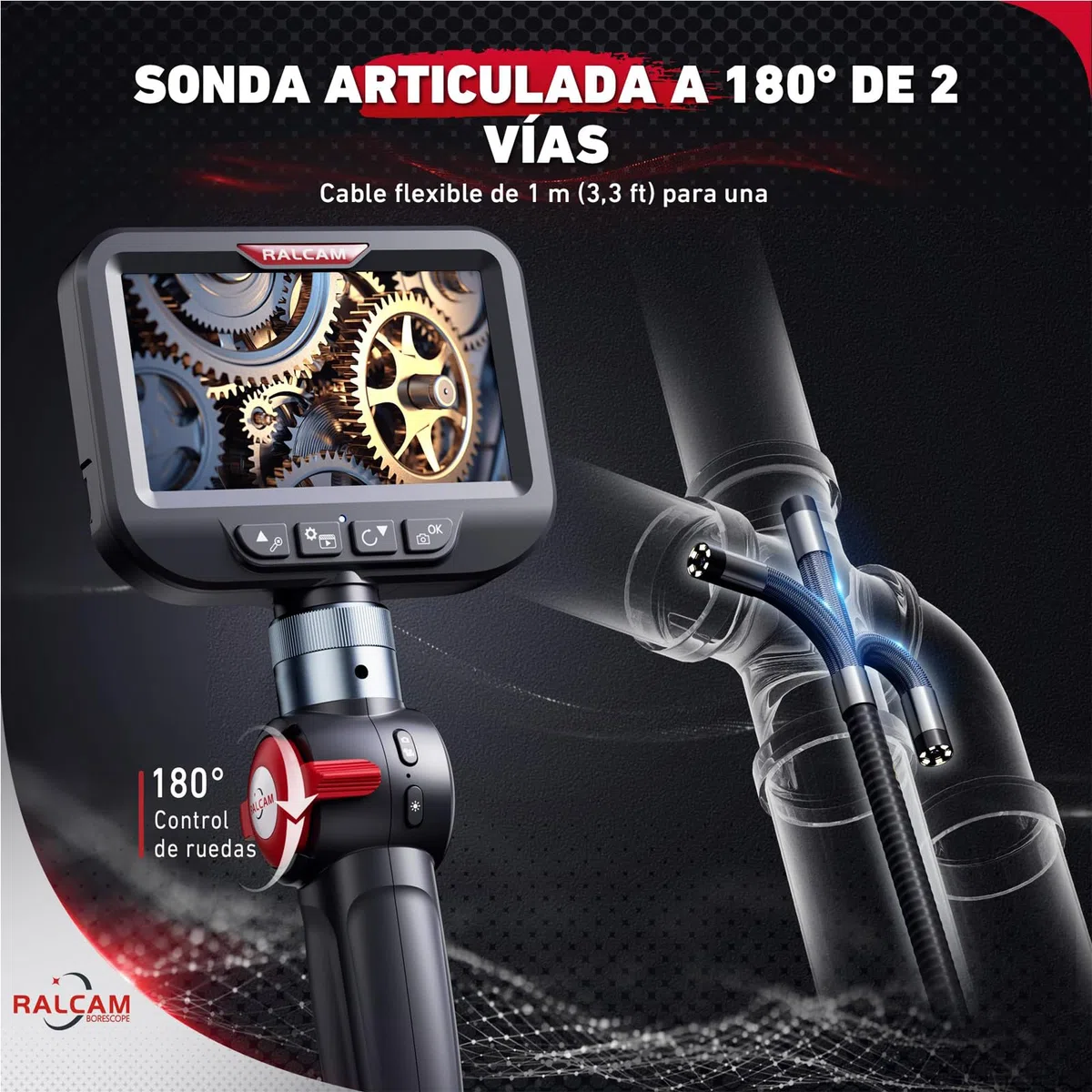 Ralcam Cámara Endoscópica con Pantalla 4,3" HD 1080P, 8,5mm con 6 LED, IP67 Impermeable, Endoscopio Profesional para Automóviles, Hogar y Fontanería (Sonda 1m Flexible)