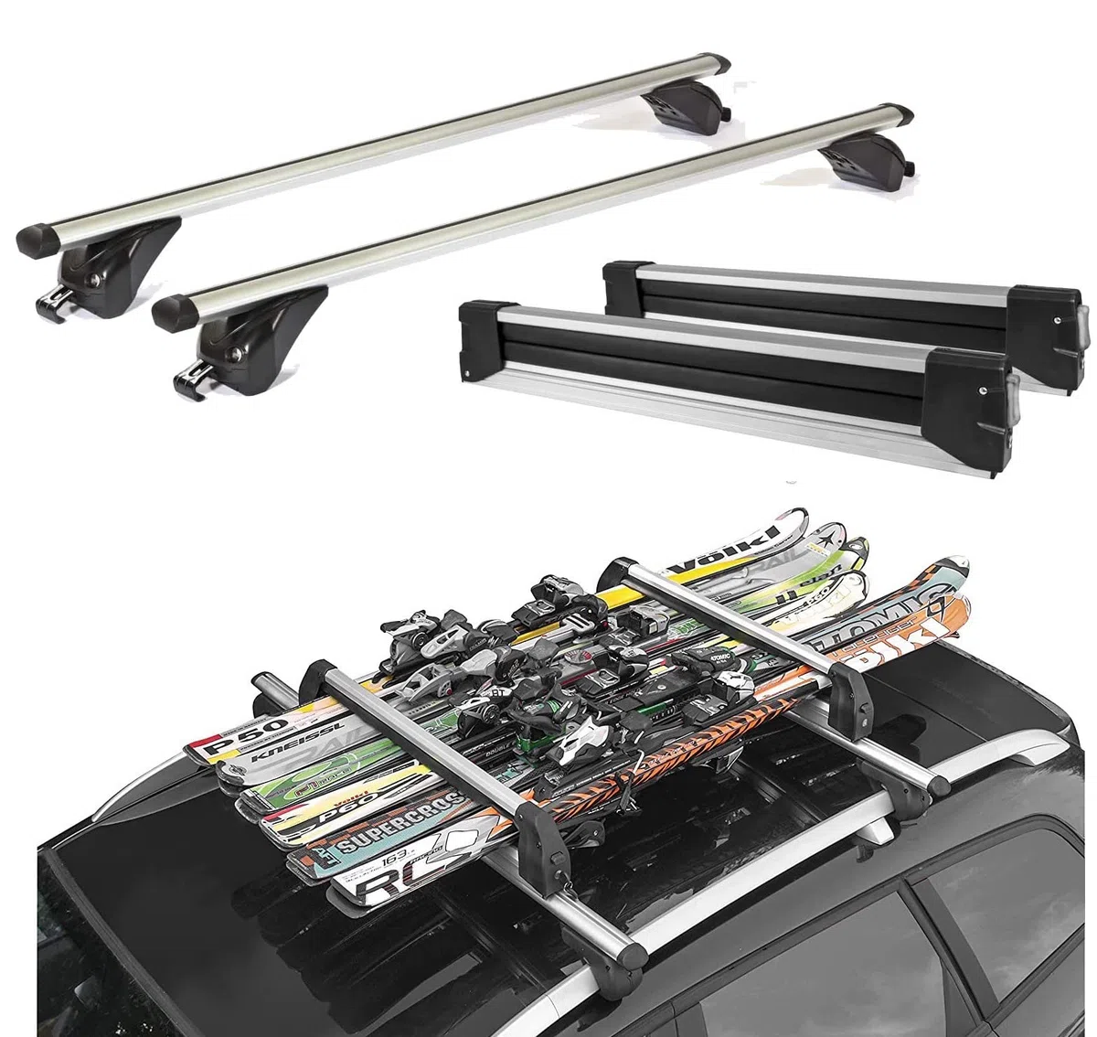 Barras portaequipajes de aluminio + portaesquís deslizantes porta esquis para coche 6 pares de esquís o 4 tablas de snowboard para Mercedes GLC (X253) a partir de 2015 con rieles integrados