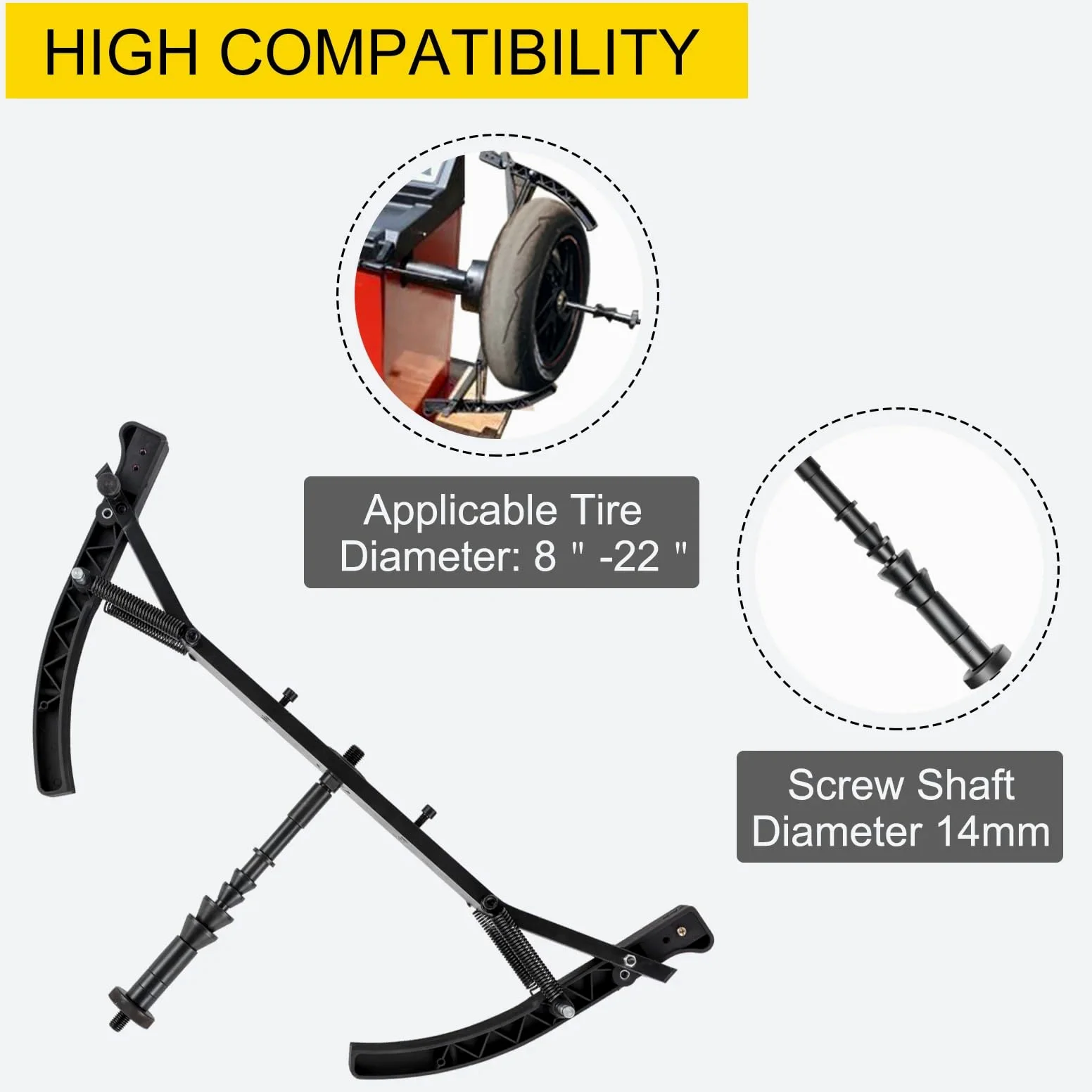 Máquina equilibradora de ruedas de motocicleta con adaptador y abrazadera de neumáticos, incluye varilla de rosca de 14 mm y juego de bloques de plomo, ideal para talleres de reparación