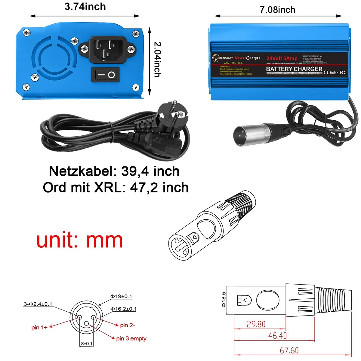 Cargador de coche inteligente de 24 V 5 Amp con conector XLR para scooter, silla de ruedas, automóvil, motocicleta - con interruptor