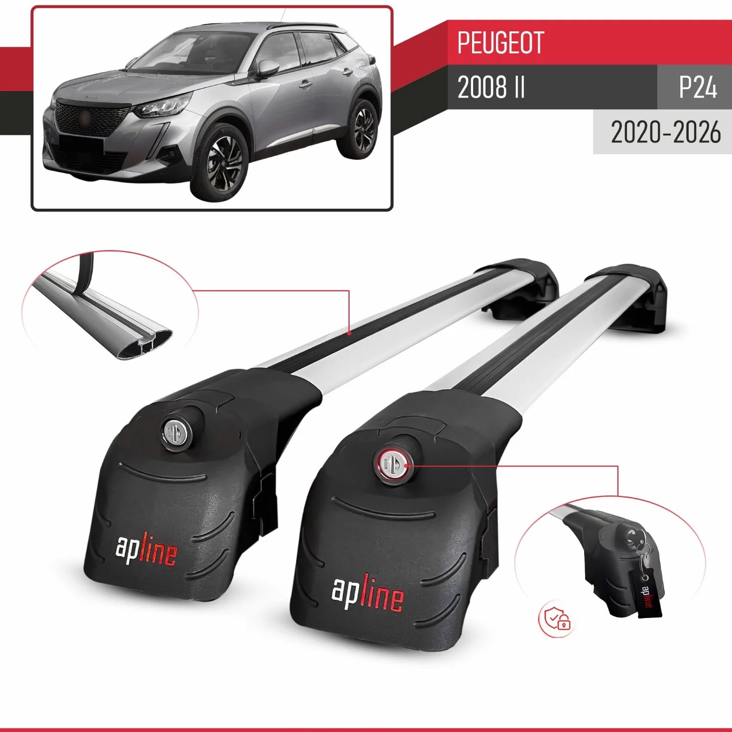 Compatible con Peugeot 2008 II (P24) 2020-2026 Modelo Ace-2 Barra de Techo Auto Portaequipajes Barras Transversales Gris Aluminio 2 Barras