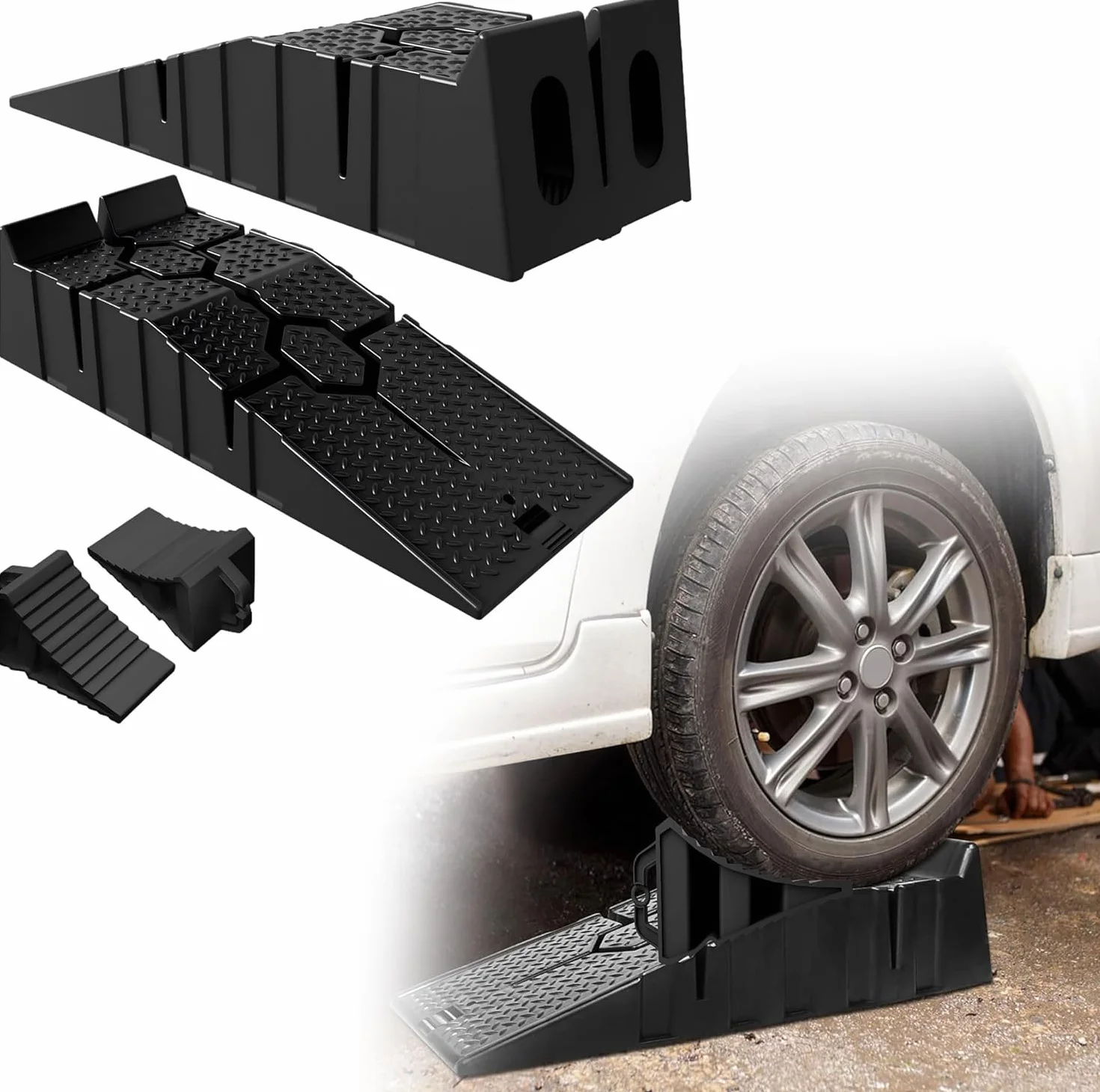 UISEBRT Rampa de carga para coches con cuñas, 2 piezas robustas con cuñas de ruedas, rampa de carga de hasta 5 T, para caravanas, autocaravanas, etc. extra alta, color negro