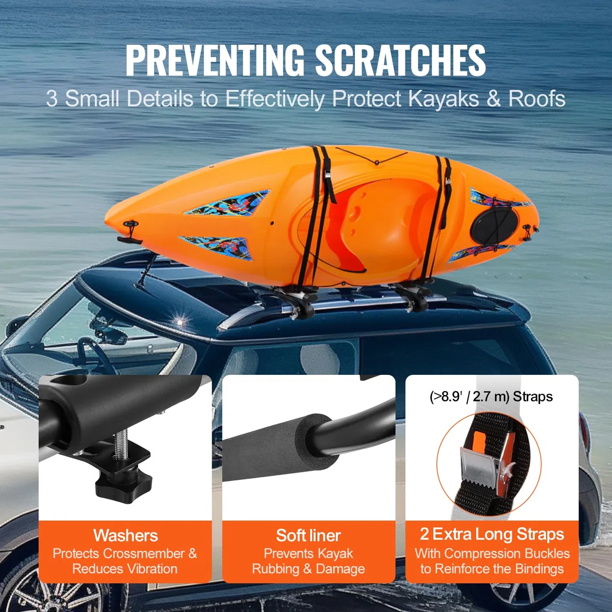 VEVOR Portaequipajes para Kayak 1 Par Portaequipajes Plegable Barras de Techo Suaves con Techo en J para Tabla de Surf, Canoa Tabla de Esquí Montaje en Automóvil, SUV, Camión, Kayaks, Viaje