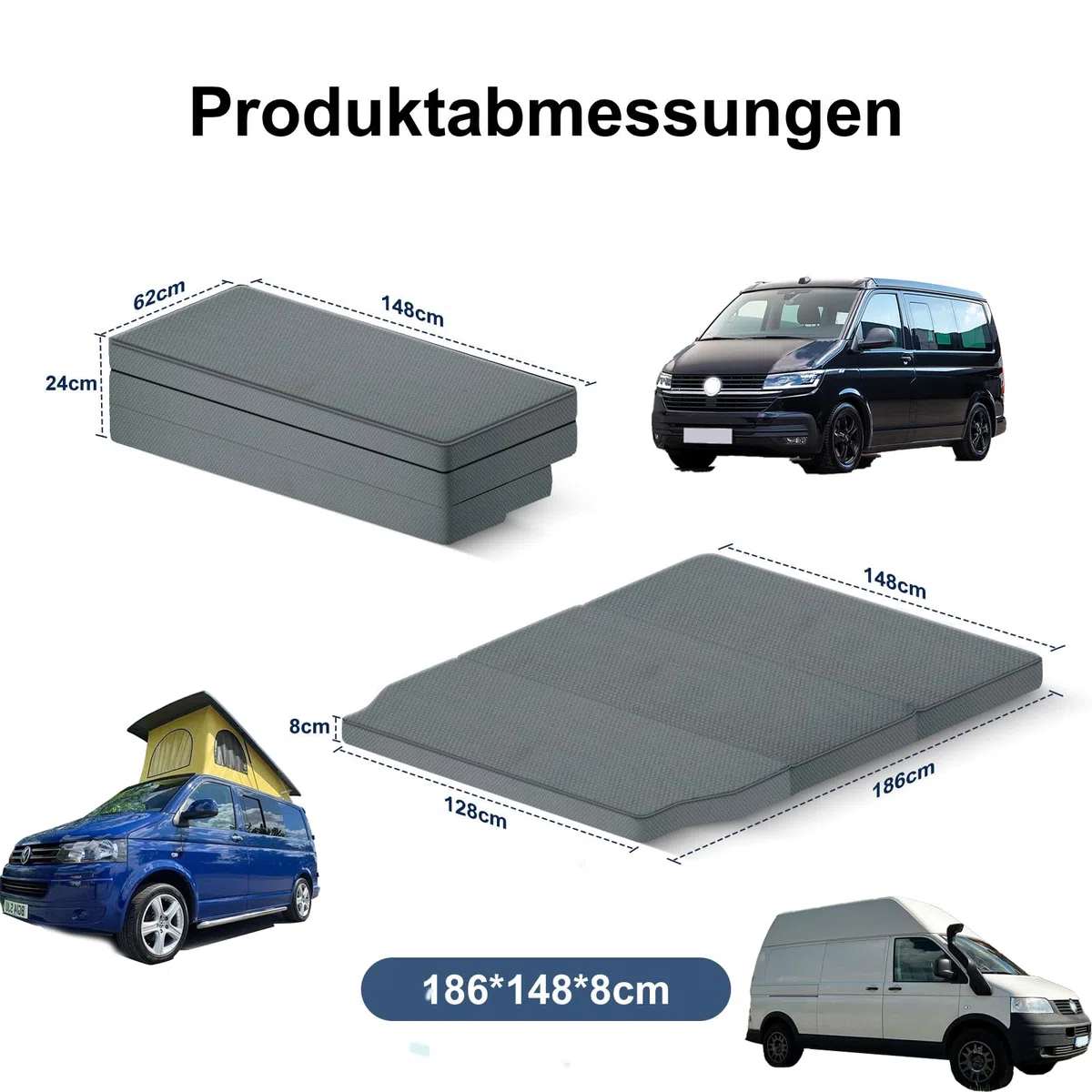Colchón de vehículo plegable grueso y cálido transpirable compatible con VW T32 T4 T5 T6 T6.1 T7 Multivan California Beach Caravelle y Transporter 186 x 148 x 8 cm Accesorios para
