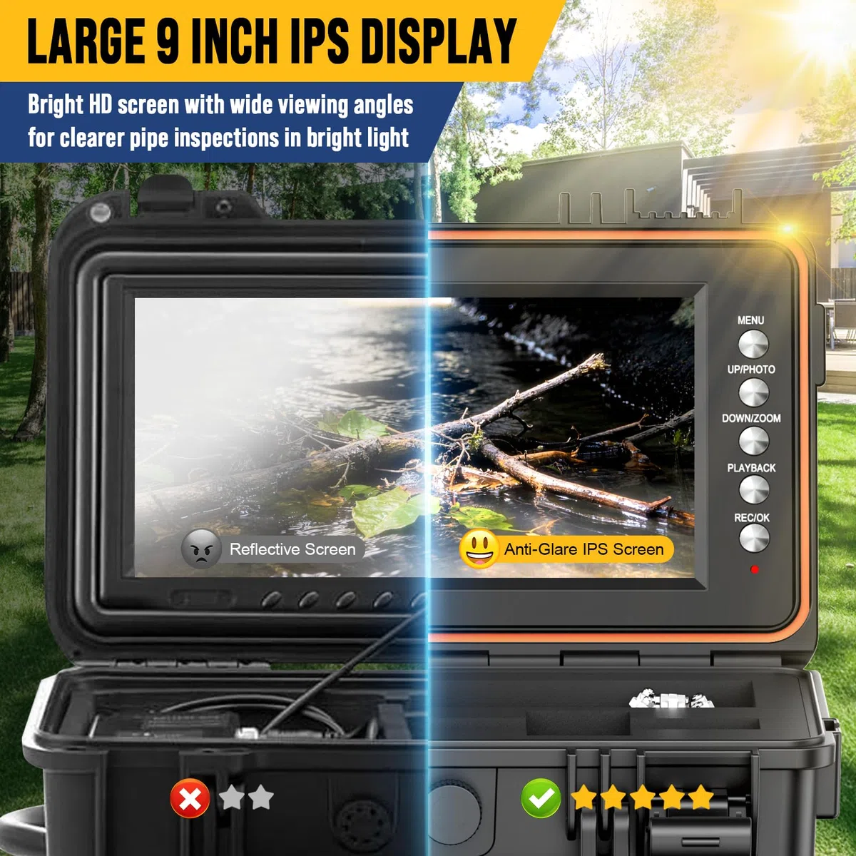 Anysun Cámara de Inspección 1080P, Auto-Nivelante Endoscopio Tuberías IP68 Impermeable con Transmisor 512Hz, Endoscopio HD IPS 9" con DVR, Cable con Marcado de Metros, Batería 5100mAh, Tarjeta 32GB