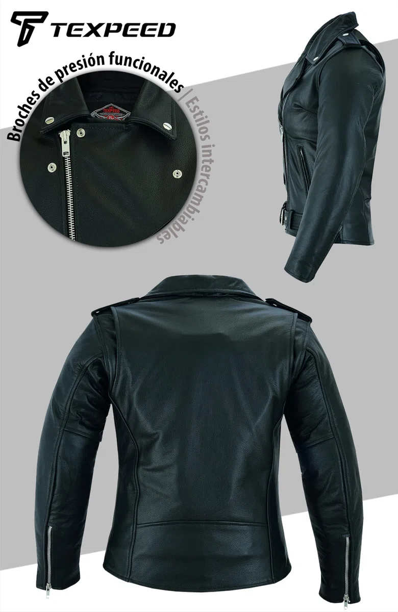 Texpeed perfect Marlon Brando Chaqueta de moto de cuero para mujer - Chaqueta de moto Touring de protección genuina CE Armor Biker (EN 1621-1) Negro - 5XL