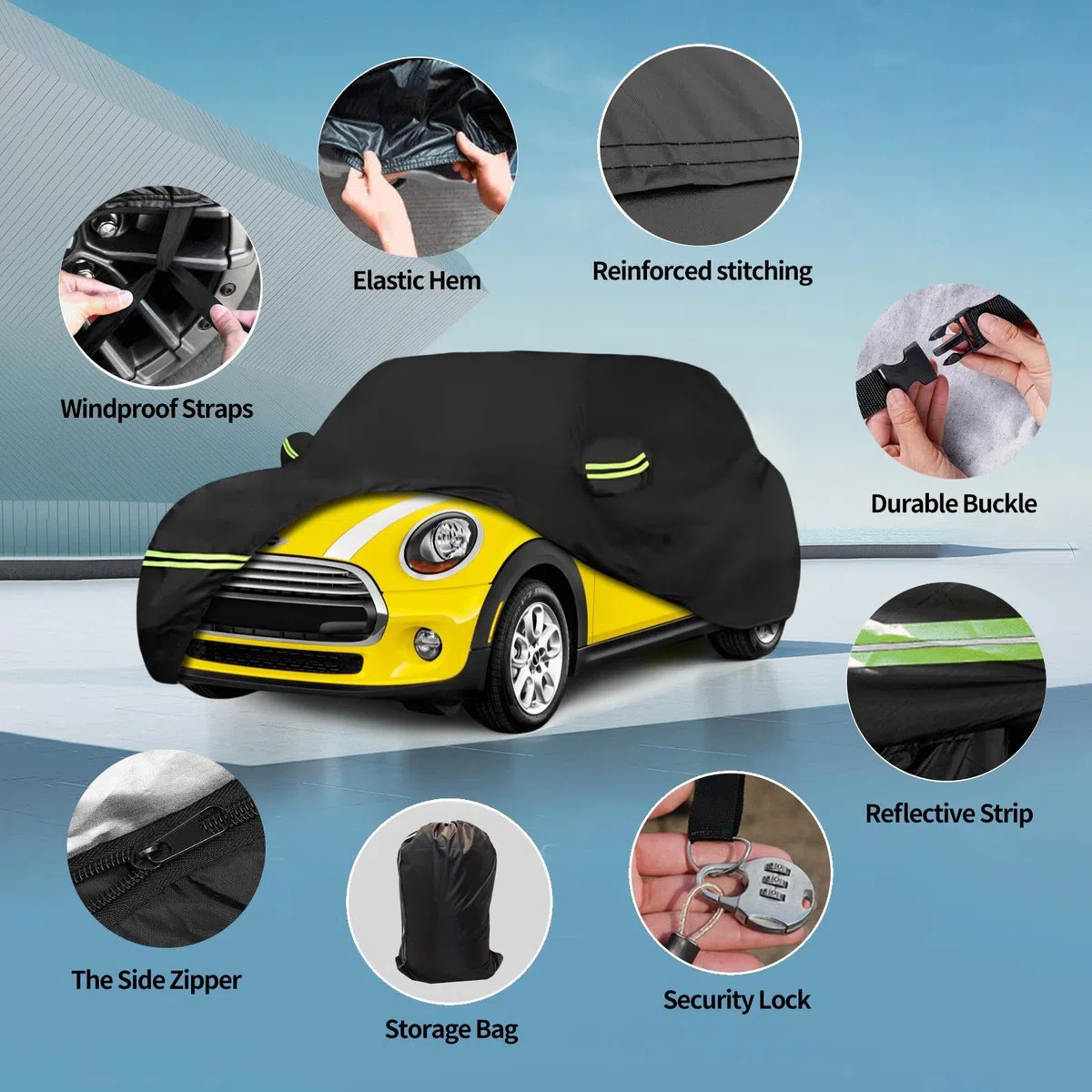 Fundas Impermeables de Coche para Mini Cooper/Cooper S 210T 2002-2021 (Negro) 210T, Personalizadas, 6 Capas, Resistente, Impermeable, protección para Todo Tipo de Clima para Exteriores