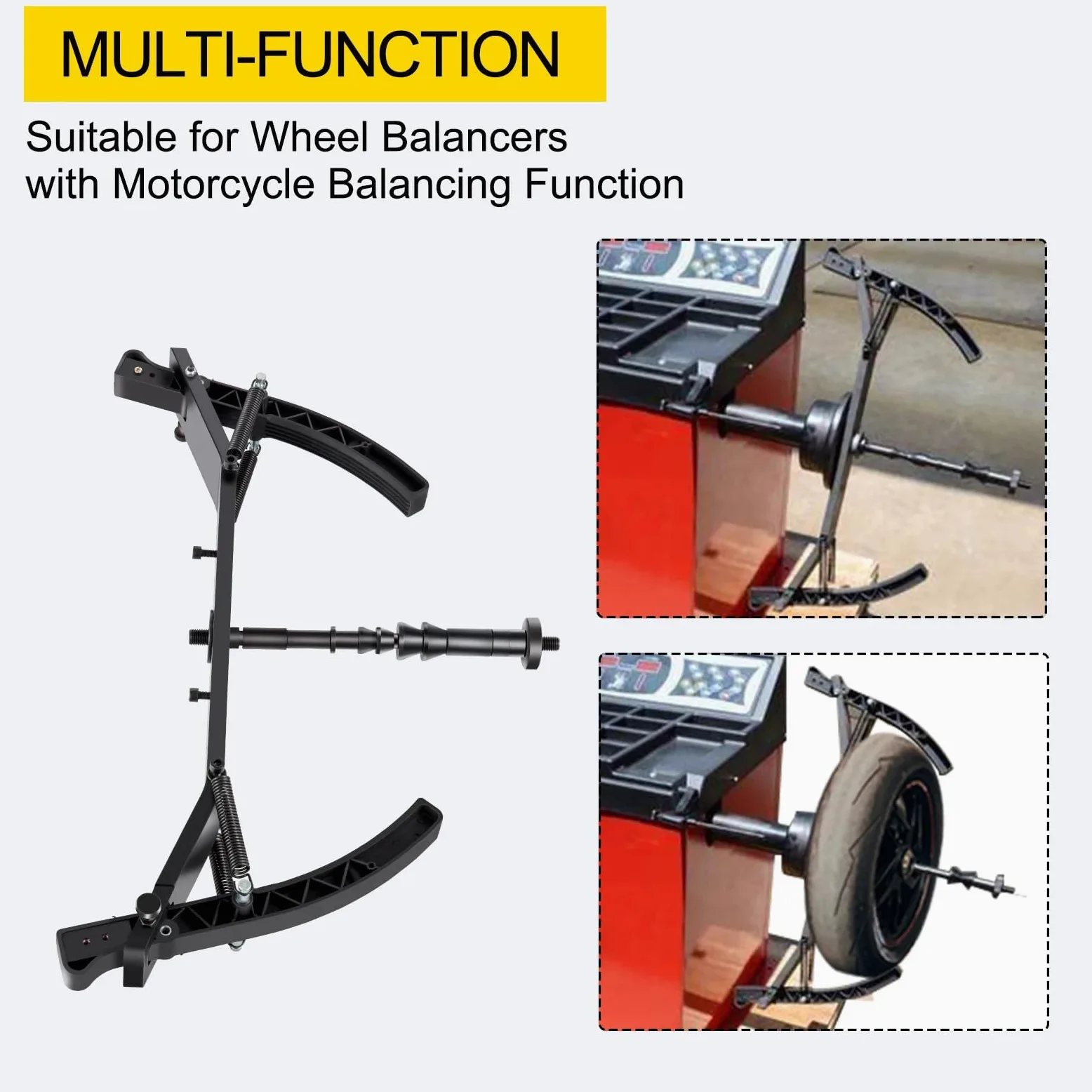 Máquina equilibradora de ruedas de motocicleta con adaptador y abrazadera de neumáticos, incluye varilla de rosca de 14 mm y juego de bloques de plomo, ideal para talleres de reparación
