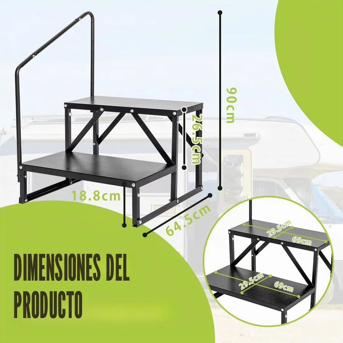 Escalera antideslizante, dos peldaños, pasamanos, escalones de hidromasaje, 2 niveles para autocaravanas, camping, remolques