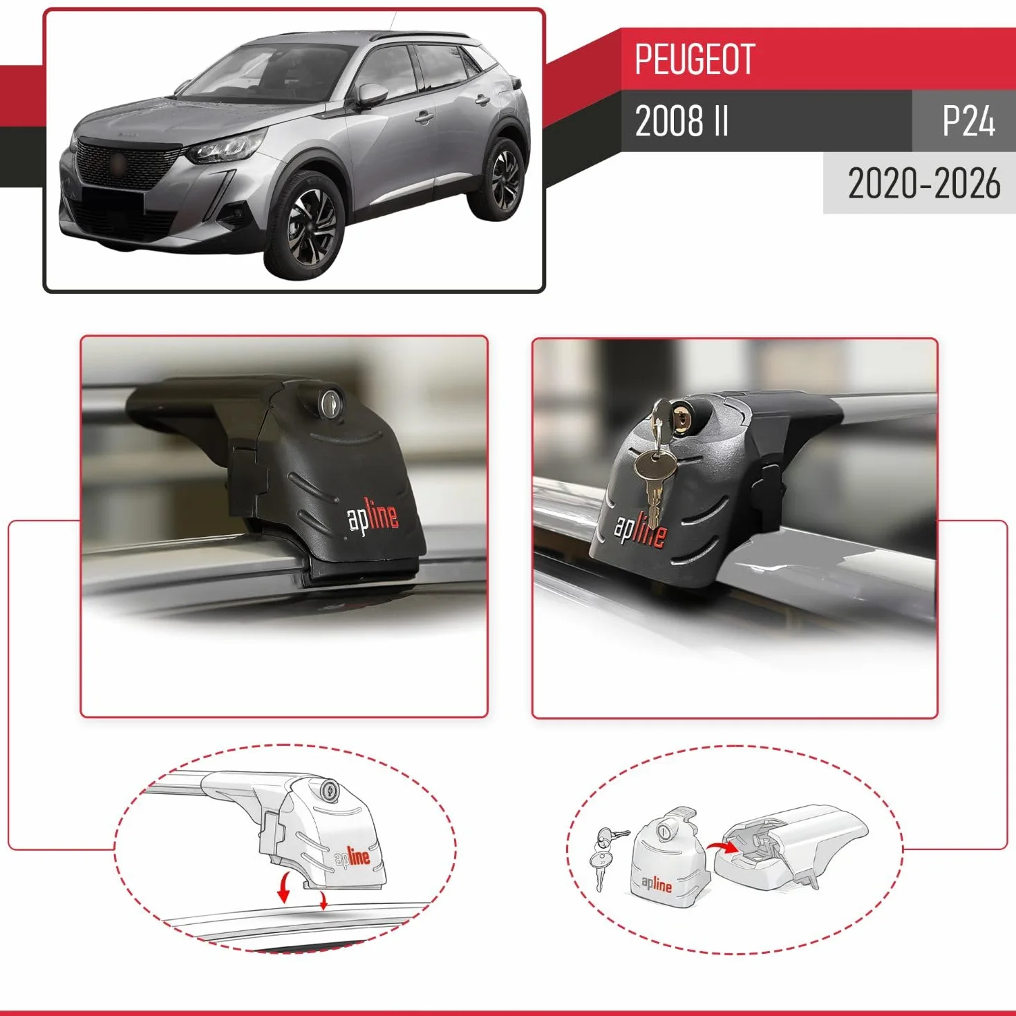 Compatible con Peugeot 2008 II (P24) 2020-2026 Modelo Ace-2 Barra de Techo Auto Portaequipajes Barras Transversales Gris Aluminio 2 Barras