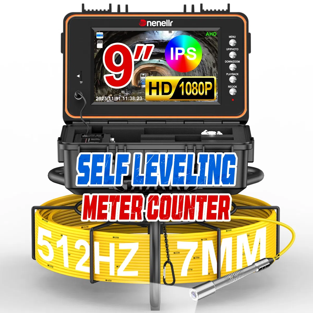 Camara Inspeccion Tuberias con Sonda 512 Hz, 1080P HD Cámara Tuberias con Autonivelante DVR, Cable de 7MM, Impermeable IP68, Adecuada para Alcantarillado, Tuberías, Piscinas y Desagües (30M)