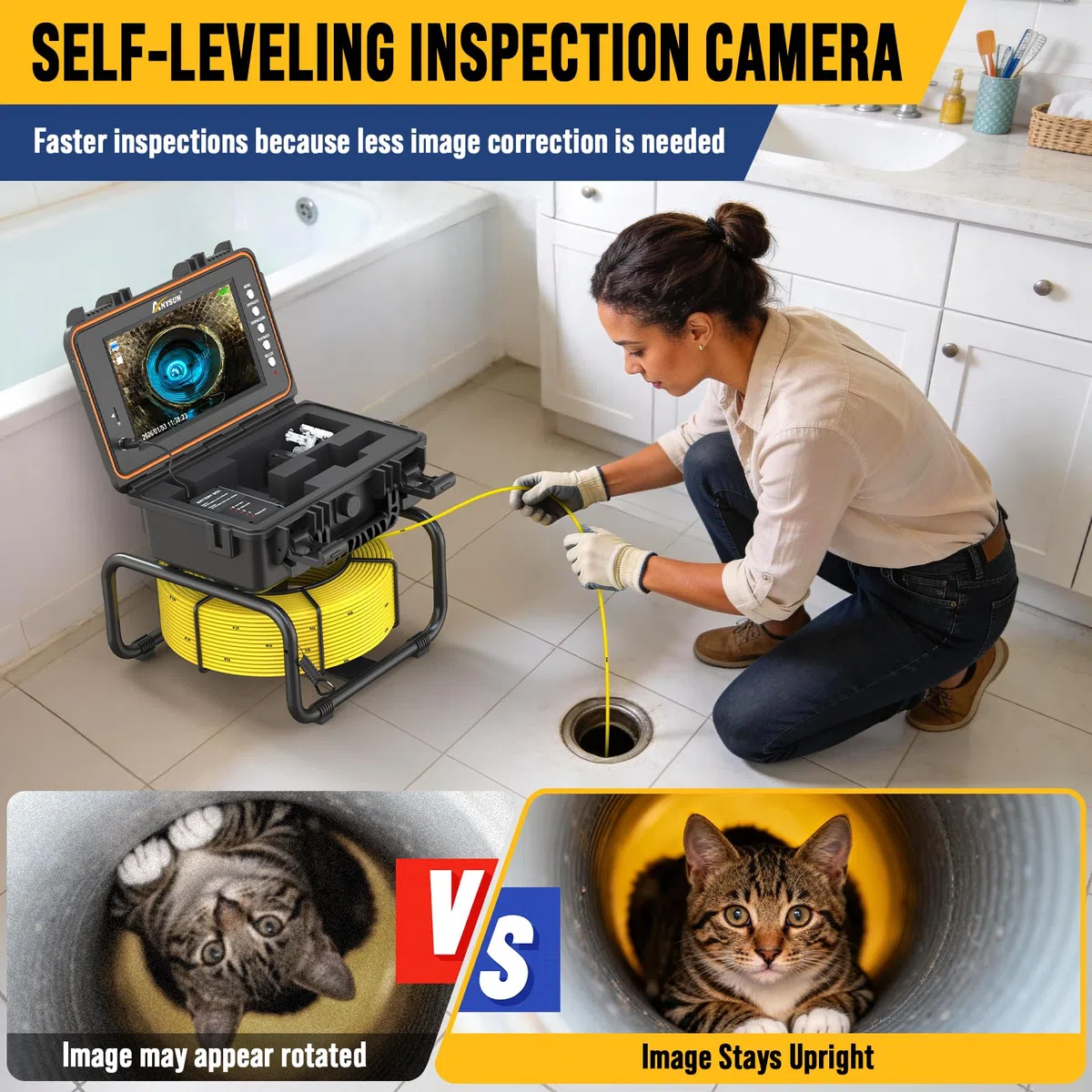 Anysun Cámara de Inspección 1080P, Auto-Nivelante Endoscopio Tuberías IP68 Impermeable con Transmisor 512Hz, Endoscopio HD IPS 9" con DVR, Cable con Marcado de Metros, Batería 5100mAh, Tarjeta 32GB