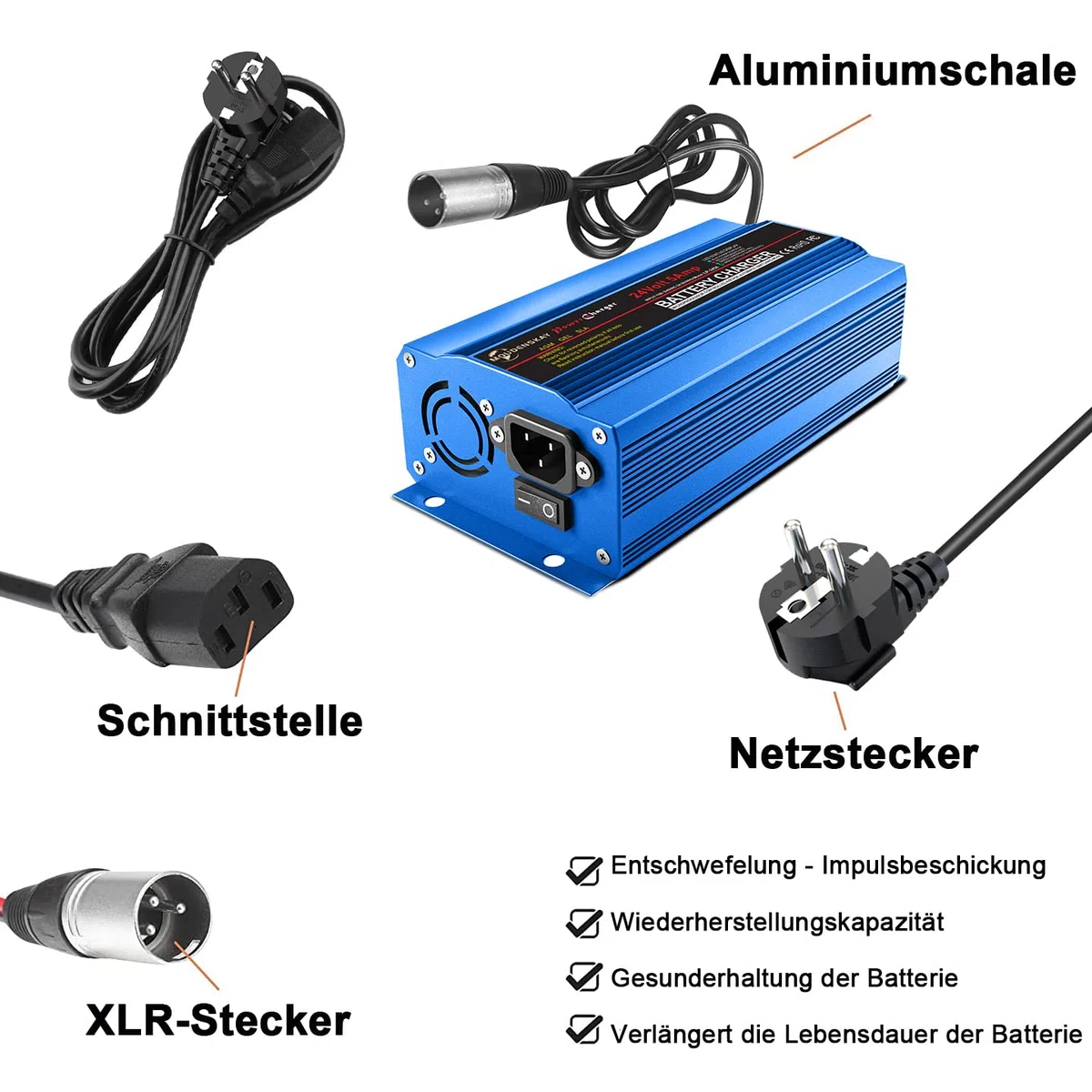 Cargador de coche inteligente de 24 V 5 Amp con conector XLR para scooter, silla de ruedas, automóvil, motocicleta - con interruptor